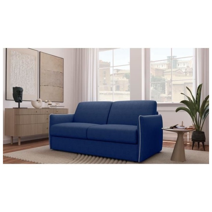 Canapé convertible express - AGATHE - Tissu Bleu - Liseré Gris - 175